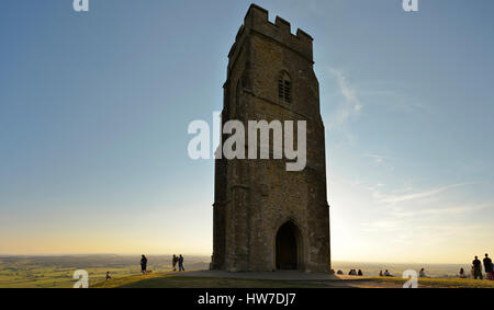 A wide image of the ruined tower of St Michael on the top of Glastonbury Tor in Somerset, UK. Stock Photo