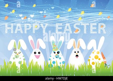 Easter eggs icon. illustration. Easter eggs for Easter holiday design. Rabbit Ears eggs with faces and birds fly Stock Vector