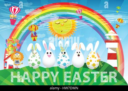 Easter background. illustration. For the design of Easter holidays. Eggs with faces in a meadow Stock Vector