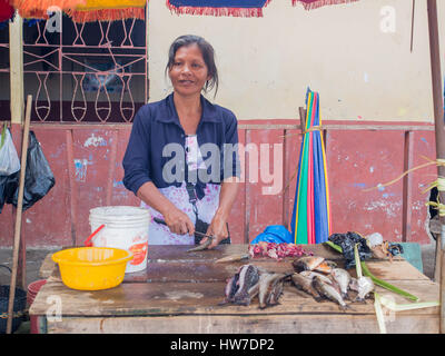 Iquitis, Peru - May 15, 2016: Market with various types of meat, fish and and fruits. Stock Photo