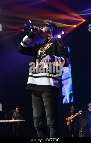 Leoni Torres Y Sus Amigos with special guest Gente De Zona concert at James L. Knight Center in Miami, Florida.  Featuring: Divan Where: Miami, Florida, United States When: 14 Feb 2017 Stock Photo