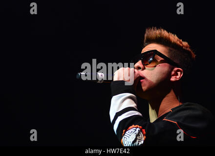 Leoni Torres Y Sus Amigos with special guest Gente De Zona concert at James L. Knight Center in Miami, Florida.  Featuring: Divan Where: Miami, Florida, United States When: 14 Feb 2017 Stock Photo