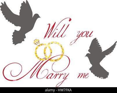 vector illustration of a wedding card with doves and golden rings Stock Vector