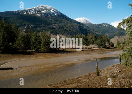 The Squamish river flows through the Squamish Estuary.  Squamish BC, Canada. Stock Photo