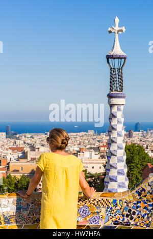 Spain Catalonia Barcelona view from the Park Guell (designed by the Catalan architect Antoni Gaudi and listed as a UNESCO World Stock Photo
