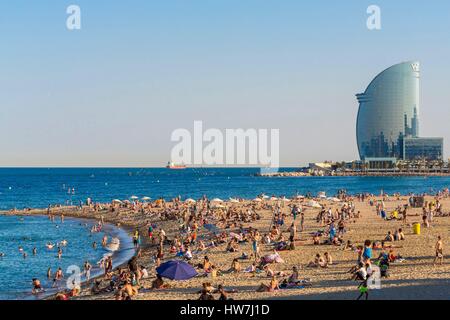 Spain Catalonia Barcelona Barceloneta beach with basically the W hotel designed by architect Ricardo Bofill and opened in 2009 Stock Photo