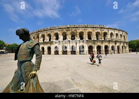 France, Gard, Nimes, Place des arenes, Nimeno II torero statue by Serena Carone in 1994 Stock Photo