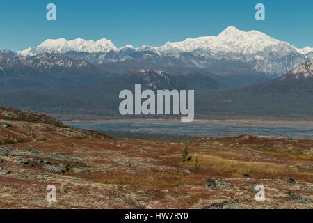 Denali and Mt. Foraker from Kesugi Ridge, Alaska. Stock Photo