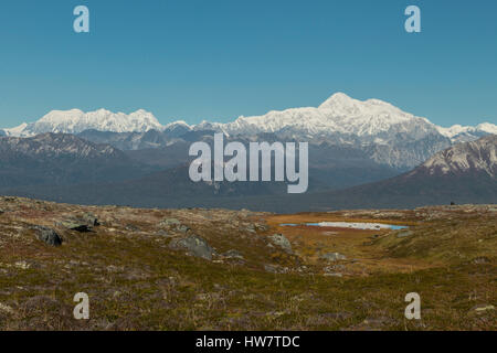 Denali and Mt. Foraker from Kesugi Ridge, Alaska. Stock Photo