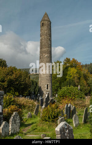 Round Tower at the Glendalough Monastic Site in Wicklow Mountains National Park, Ireland. Stock Photo