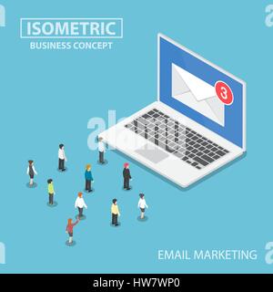 Isometric business people looking to new email notification on laptop monitor, email marketing and communication concept Stock Vector