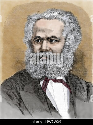 Karl Marx (1818-1883) 19th. Century. Economist, philosopher and revolutionary socialist.The communist Manifesto. Engraving, later colouration. Stock Photo