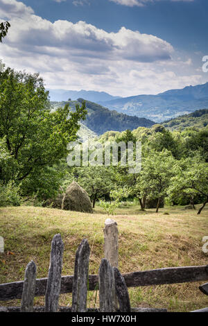 Walking tour through the romanian countryside, mountains, villages, waters. Holidays in carpathian nature. Stock Photo