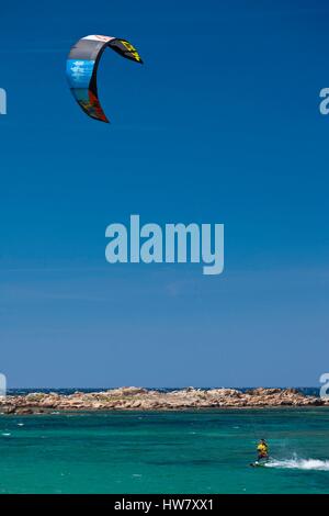 France, Corse du Sud, Corsica South Coast Region, Bonifacio-area, Plage de Tonnara beach, kite surfing Stock Photo