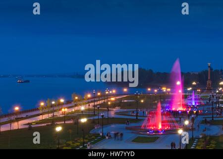 Russia, Yaroslavl Oblast, Golden Ring, Yaroslavl, Volga Riverfront, The Strelka, elevated view, fountains, evening Stock Photo