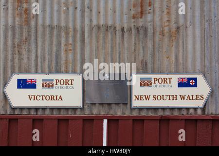 Australia, Victoria, Echuca, Historic Port of Echuca, Murray River, signs Stock Photo