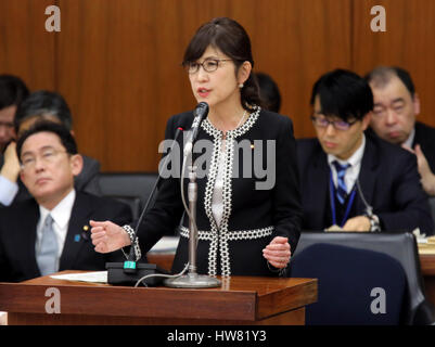 Tokyo, Japan. 17th Mar, 2017. Japanese Defense Minister Tomomi Inada answers a question by an opposition lawmaker at the Lower House's foreign affairs committee session at the National Diet in Tokyo on Friday, March 17, 2017. Inada ordered the inspector to investigate fresh allegations over the ministrys institutional coverup of daily activity logs of the Ground Self-Defense Forces in South Sudan. Credit: Yoshio Tsunoda/AFLO/Alamy Live News