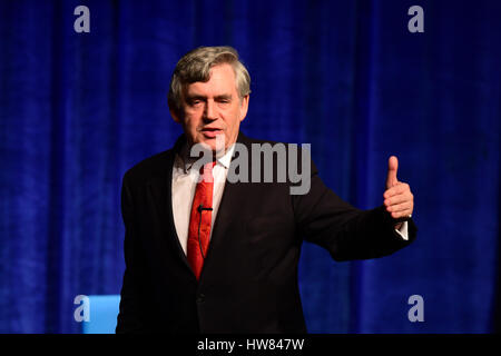 Kirkcaldy, Scotland, United Kingdom, 18, March, 2017. Former Prime Minister Gordon Brown gives a speech at the Adam Smith Festival of Ideas in his home town of Kirkcaldy, proposing a 'Third Option' for Scotland's constitutional future, including a call for a raft of new powers for the Scottish Parliament following Brexit, with a giant p© Ken Jack / Alamy Live News Stock Photo