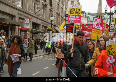 London, UK. March 18, 2017: Thousands of demonstrators , participate in the Stand Up To Racism demonstration for UN Anti-Racism Day in the streets of London on March 18, 2017. The march began at Portland Place (BBC) and ended at Parliament Square, where a rally is scheduled. The UN Anti-Racism Day is a global day of action against racism in all its forms. © David Mbiyu/Alamy Live News Stock Photo