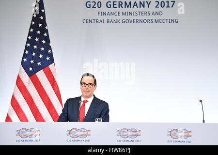 Baden-Baden, Germany. 18th Mar, 2017. The US Minister of Finance Steven Mnuchin at a press conference at the congress centre during the the G20 Finance ministers meeting in Baden-Baden, Germany, 18 March 2017. Photo: Uwe Anspach/dpa/Alamy Live News Stock Photo