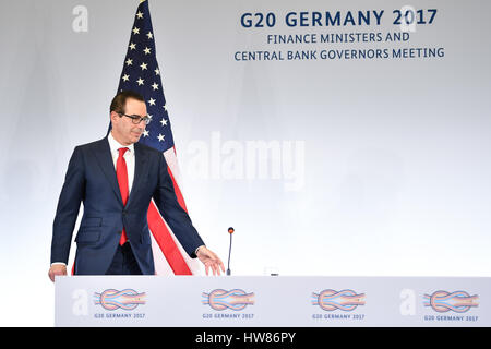 Baden-Baden, Germany. 18th Mar, 2017. The US Minister of Finance Steven Mnuchin at a press conference at the congress centre during the the G20 Finance ministers meeting in Baden-Baden, Germany, 18 March 2017. Photo: Uwe Anspach/dpa/Alamy Live News Stock Photo