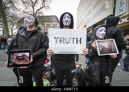 London, UK. 18th March, 2017. Vegan animal-rights protesters demonstrate with animal cruelty videos in Leicester Square © Guy Corbishley/Alamy Live News Stock Photo