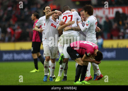 Cologne, Germany. 18th Mar, 2017. Players of 1. FC Koeln celebrate after scoring during the Bundesliga match between 1. FC Koeln and Hertha BSC in Cologne, Germany, on March 18, 2017. The team of 1. FC Koeln won 4-2. Credit: Ulrich Hufnagel/Xinhua/Alamy Live News Stock Photo