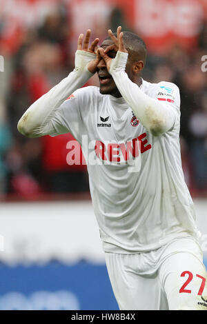 Cologne, Germany. 18th Mar, 2017. Anthony Modeste of 1. FC Koeln celebrates after scoring during the Bundesliga match between 1. FC Koeln and Hertha BSC in Cologne, Germany, on March 18, 2017. The team of 1. FC Koeln won 4-2. Credit: Ulrich Hufnagel/Xinhua/Alamy Live News Stock Photo