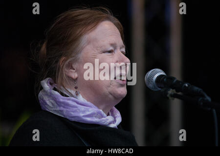 London, UK. 18th March, 2017. Liz Lawrence, Past President of the University and College Union (UCU), addresses thousands of demonstrators representing many different anti-racist groups taking part in the March Against Racism. The march was timed to take place as close as possible to the UN International Day for the Elimination of Racial Discrimination. Credit: Mark Kerrison/Alamy Live News Stock Photo
