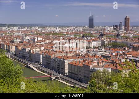 France, Rhone, Lyon, view of the place Bellecour, the Hotel Dieu undergoing restoration and the La Part Dieu skyscraper with the Oxygene tour, the Pencil and the new Incity tour who is the third skyscraper of France ( included arrow) Stock Photo
