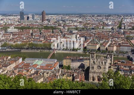 France, Rhone, Lyon, historical site listed as World Heritage by UNESCO, panorama from Fourviere Hill, view of the Lyon Cathedral (Cathedrale Saint-Jean-Baptiste de Lyon) and of the La Part Dieu skyscraper with the Oxygene tour, the Pencil and the new Incity tour who is the third skyscraper of France ( included arrow) with the Alps of which visible Mont Blanc to the right of the top of the tower Stock Photo