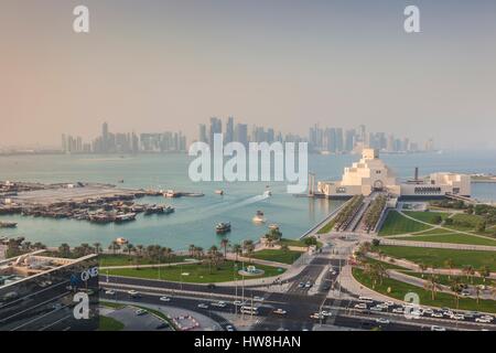 Qatar, Doha, The Museum of Islamic Art, designed by I.M. Pei, elevated view, sunset Stock Photo