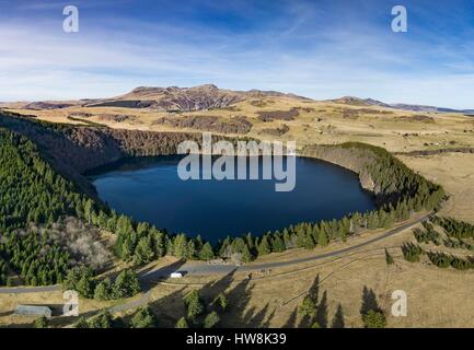 France, Puy de Dome, Besse et Saint Anastaise, Regional Natural Park of the Auvergne Volcanoes, Cezallier, the Lac Pavin, volcanic maar lake (aerial view) Stock Photo