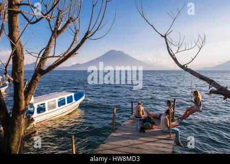 Guatemala, Solola department, Santa Cruz la Laguna on the shore of Lake Atitlan populated by a maya Kaqchikel community, accessible only by foot or boat, Toliman and Atitlan volcanoes Stock Photo