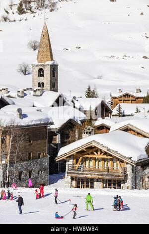 France, Savoie, Val D'Isere, view of the village and the Lombard bell tower of Saint Bernard de Menthon church, massif de la Vanoise, hight Tarentaise valley Stock Photo