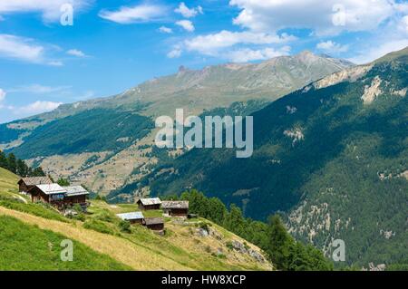 Switzerland, Valais, Val d'Herens, Evolene, traditional chalets in Lana pastures Stock Photo