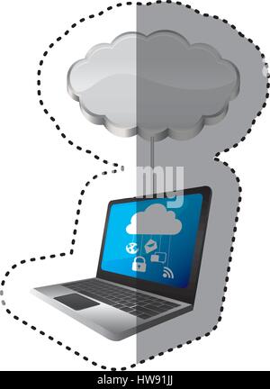 sticker cloud storage connected with tech laptop device Stock Vector