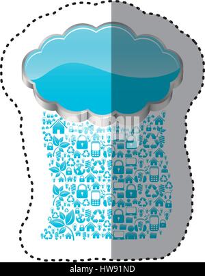 sticker realistic 3d shape cloud storage with rain pattern tech device Stock Vector