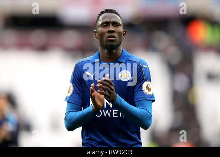 Leicester City's Onyinye Ndidi applauds the fans after the Premier League match at London Stadium. PRESS ASSOCIATION Photo. Picture date: Saturday March 18, 2017. See PA story SOCCER West Ham. Photo credit should read: Adam Davy/PA Wire. RESTRICTIONS: No use with unauthorised audio, video, data, fixture lists, club/league logos or 'live' services. Online in-match use limited to 75 images, no video emulation. No use in betting, games or single club/league/player publications. Stock Photo