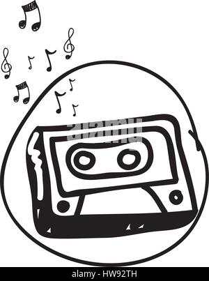 monochrome hand drawing of cassette tape in circle and musical notes Stock Vector