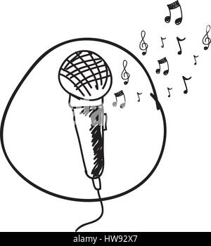 monochrome hand drawing of microphone in circle and musical notes Stock Vector