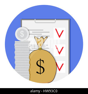 Finance plan icon. Checklist and management, sack bag money. Vector illustration Stock Photo
