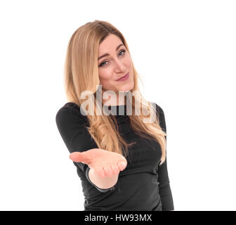 Girl Asks with an outstretched hand over white background. Stock Photo