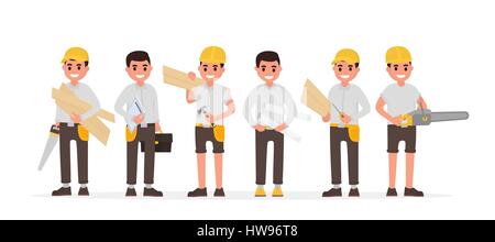 Team of many various carpenters, foreman, engineer, joiners and woodworkers. Vector illustration in flat style Stock Vector