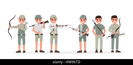 Team of many various hunter, huntsman, gamekeeper, forester and archer. Vector illustration in flat style Stock Vector