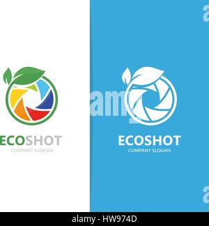 Vector of a camera shutter and leaf logo combination. Photography and eco symbol or icon. Unique photo and natural, organic logotype design template. Stock Vector