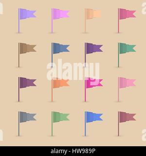 Set of sixteen different colored paper flags with shadow, isolated on a yellow background, origami design, vector illustration. Stock Vector