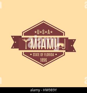 Hexagonal emblem with the text of the city of MIAMI in a retro style, isolated on a yellow background, vector illustration. Stock Vector