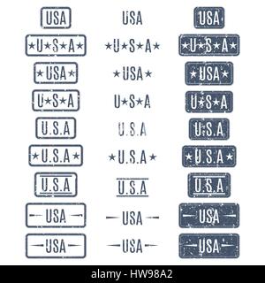 A set of rectangular grunge USA stamps isolated on white background, vector illustration. Stock Vector