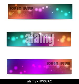 Set of three rectangular web banners, bright blurred background with space for text, design template. Isolated on white background, vector illustratio Stock Vector